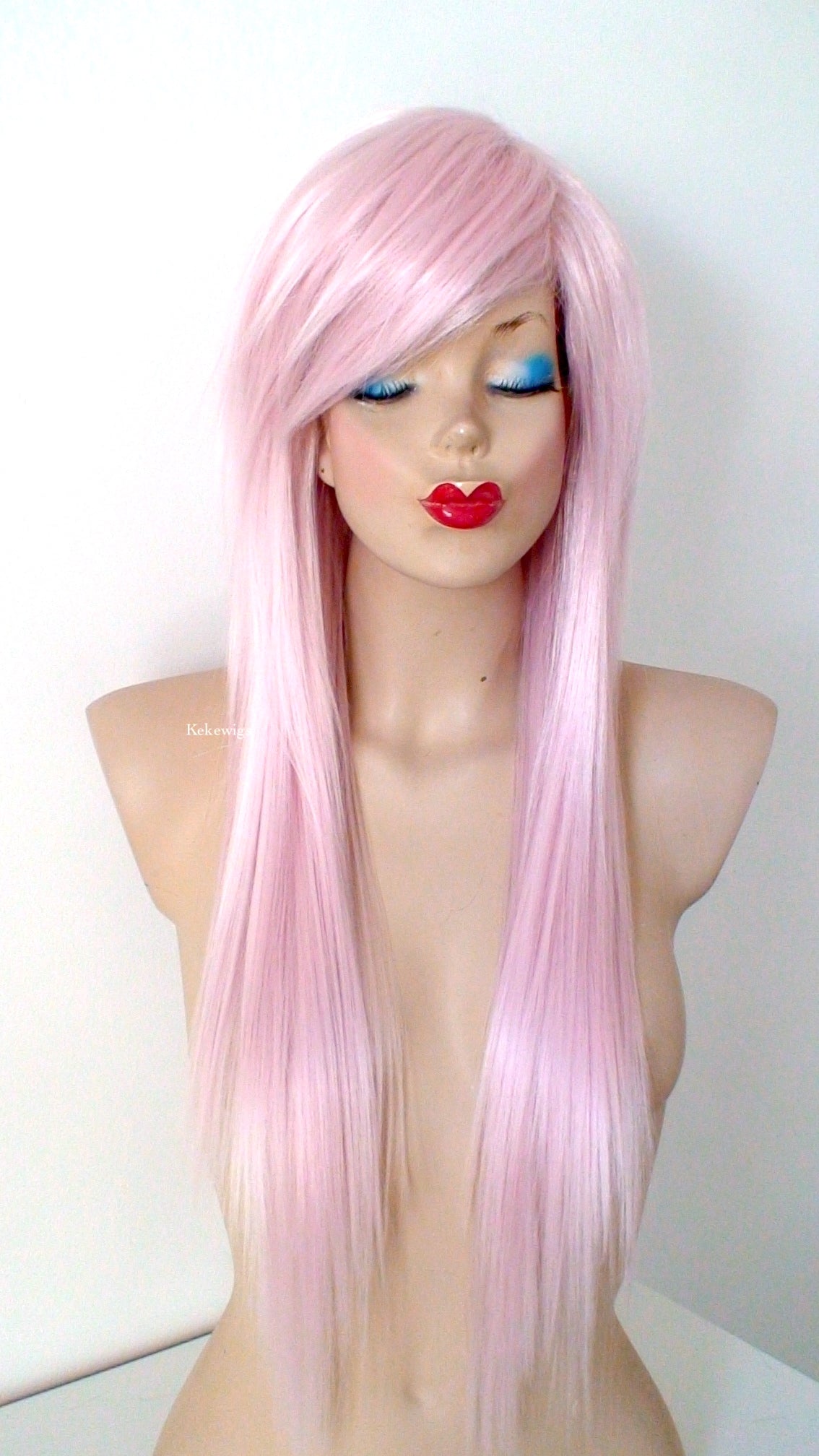 28" Pastel Pink Long Straight Layered Hair Long Side Bangs Wig