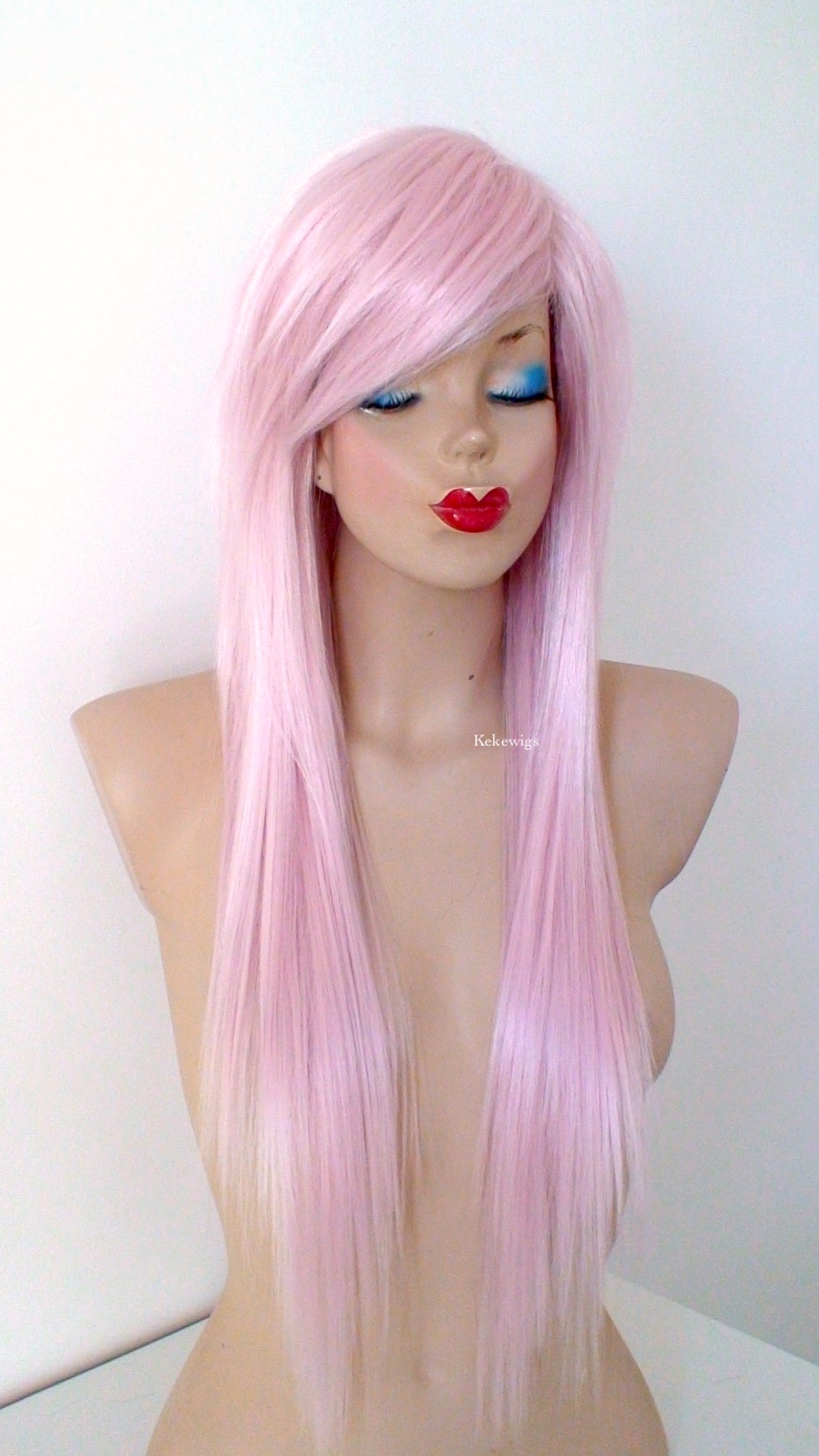 28" Pastel Pink Long Straight Layered Hair Long Side Bangs Wig