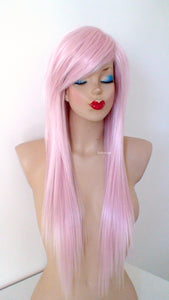 28" Pastel Pink Long Straight Layered Hair Long Side Bangs Wig