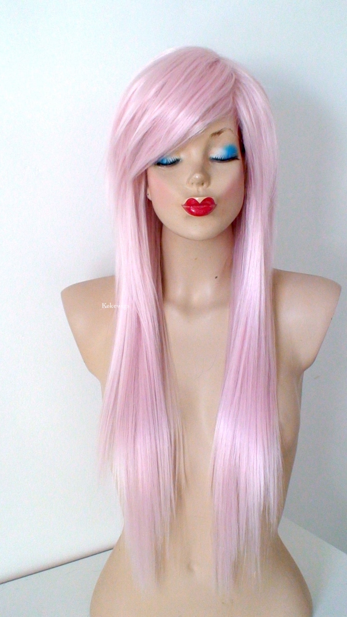 28" Pastel Pink Long Straight Layered Hair Long Side Bangs Wig