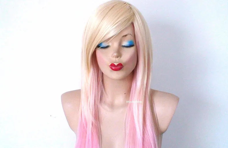 24" Blonde Pink Ombre Straight Hair Side Bangs Wig