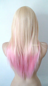 24" Blonde Pink Ombre Straight Hair Side Bangs Wig