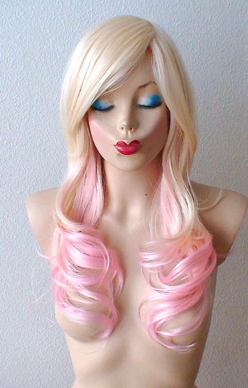 24" Blonde Pink Ombre Curly Hair Side Bangs Wig