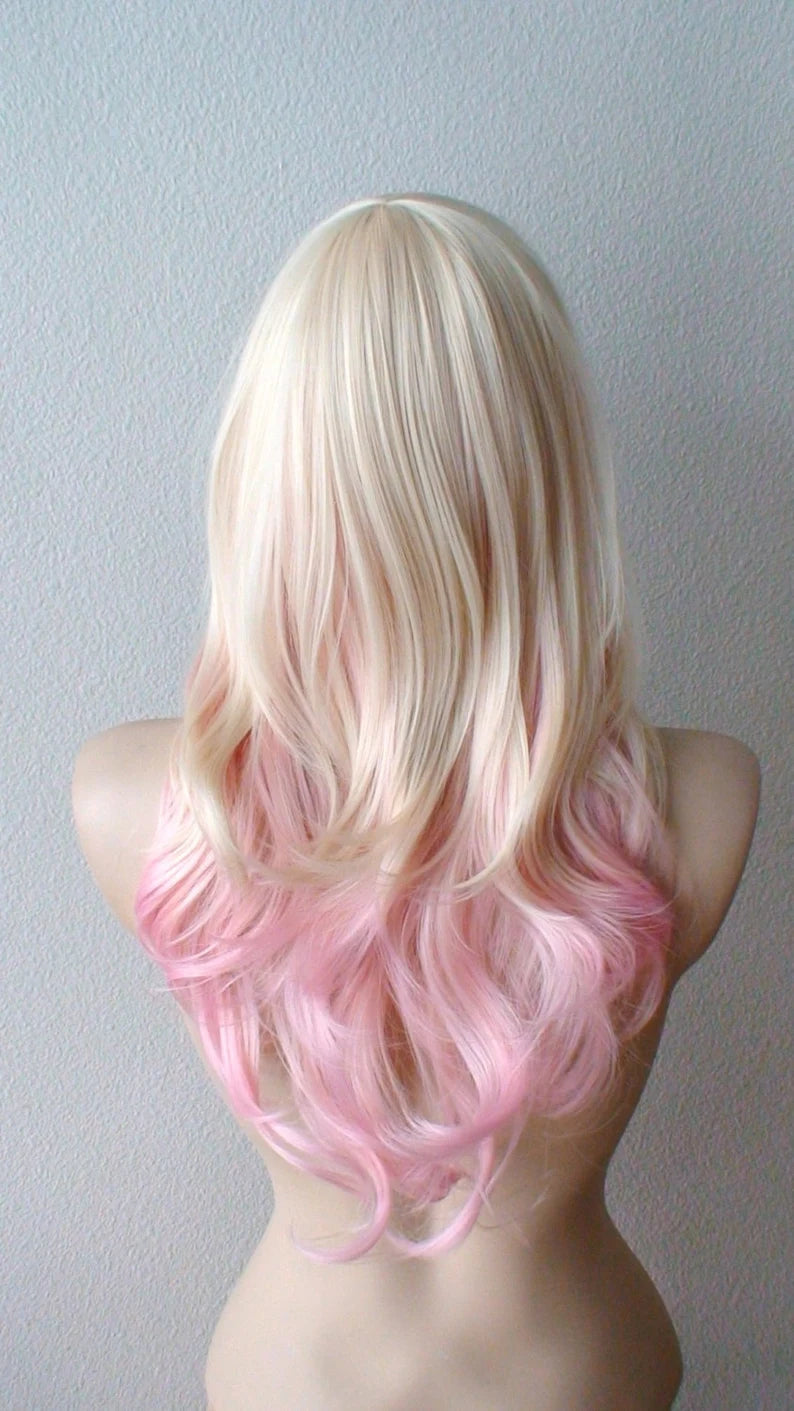 24" Blonde Pink Ombre Curly Hair Side Bangs Wig