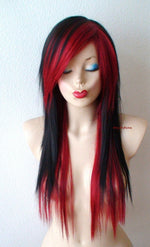 Load image into Gallery viewer, 28&quot; Black Red Ombre Long Straight Hair Long Side Bangs Wig. Emo Wig. Scene Wig.
