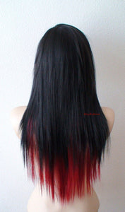 28 Black Red Ombre Long Straight Hair Long Side Bangs Wig. Emo