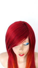 Load image into Gallery viewer, 28&quot; Wine Red/Ginger Orange Ombre colored Straight layered hair side bangs wig.
