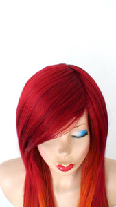 28" Wine Red/Ginger Orange Ombre colored Straight layered hair side bangs wig.