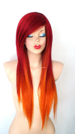 Load image into Gallery viewer, 28&quot; Wine Red/Ginger Orange Ombre colored Straight layered hair side bangs wig.
