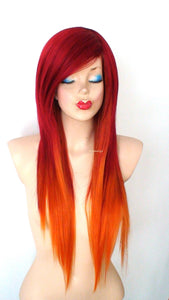 28" Wine Red/Ginger Orange Ombre colored Straight layered hair side bangs wig.