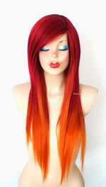 Load image into Gallery viewer, 28&quot; Wine Red/Ginger Orange Ombre colored Straight layered hair side bangs wig.
