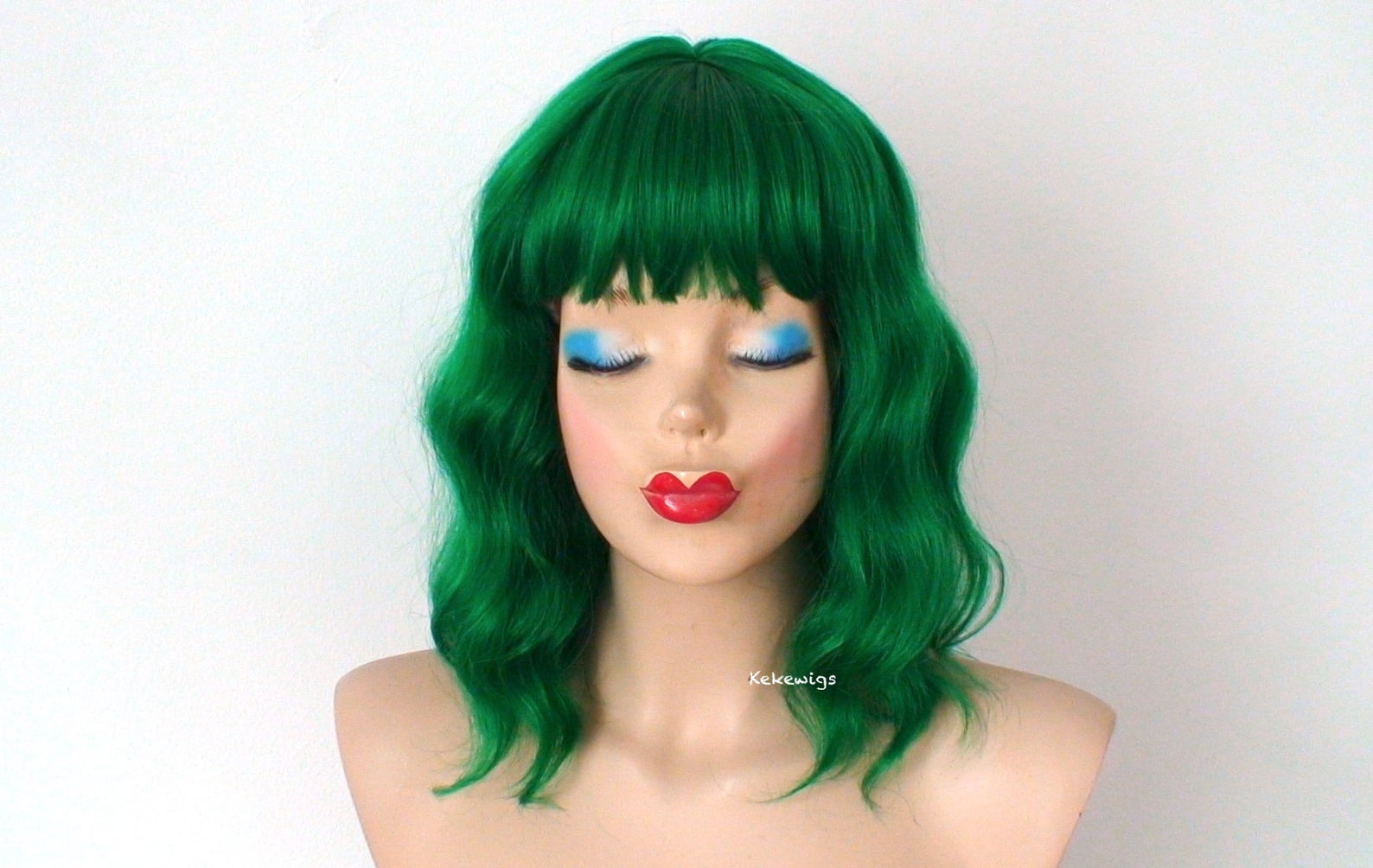 16" Green Short Wavy Hair with bangs Wig