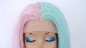 30" Lace front Pastel Pink Mint Side by Side Long Straight Layered Heat Friendly Synthetic Wg for women. Long straight Half pink half mint lace wig. Everyday wig. Cosplay wig