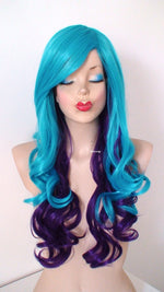 Load image into Gallery viewer, 26&quot; Teal Blue - Purple Ombre Long Curly Hair Side Bangs Wig
