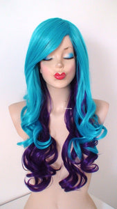 26" Teal Blue - Purple Ombre Long Curly Hair Side Bangs Wig