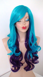 26" Teal Blue - Purple Ombre Long Curly Hair Side Bangs Wig