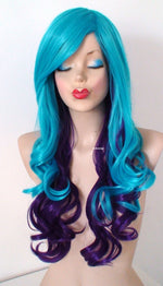 Load image into Gallery viewer, 26&quot; Teal Blue - Purple Ombre Long Curly Hair Side Bangs Wig
