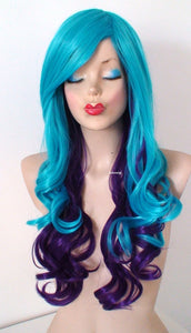 26" Teal Blue - Purple Ombre Long Curly Hair Side Bangs Wig