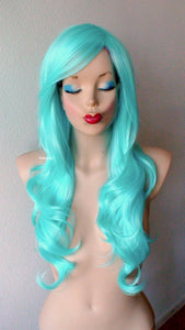 26" Pastel Aqua Blue Long Curly Hair Long Side Bangs Wig