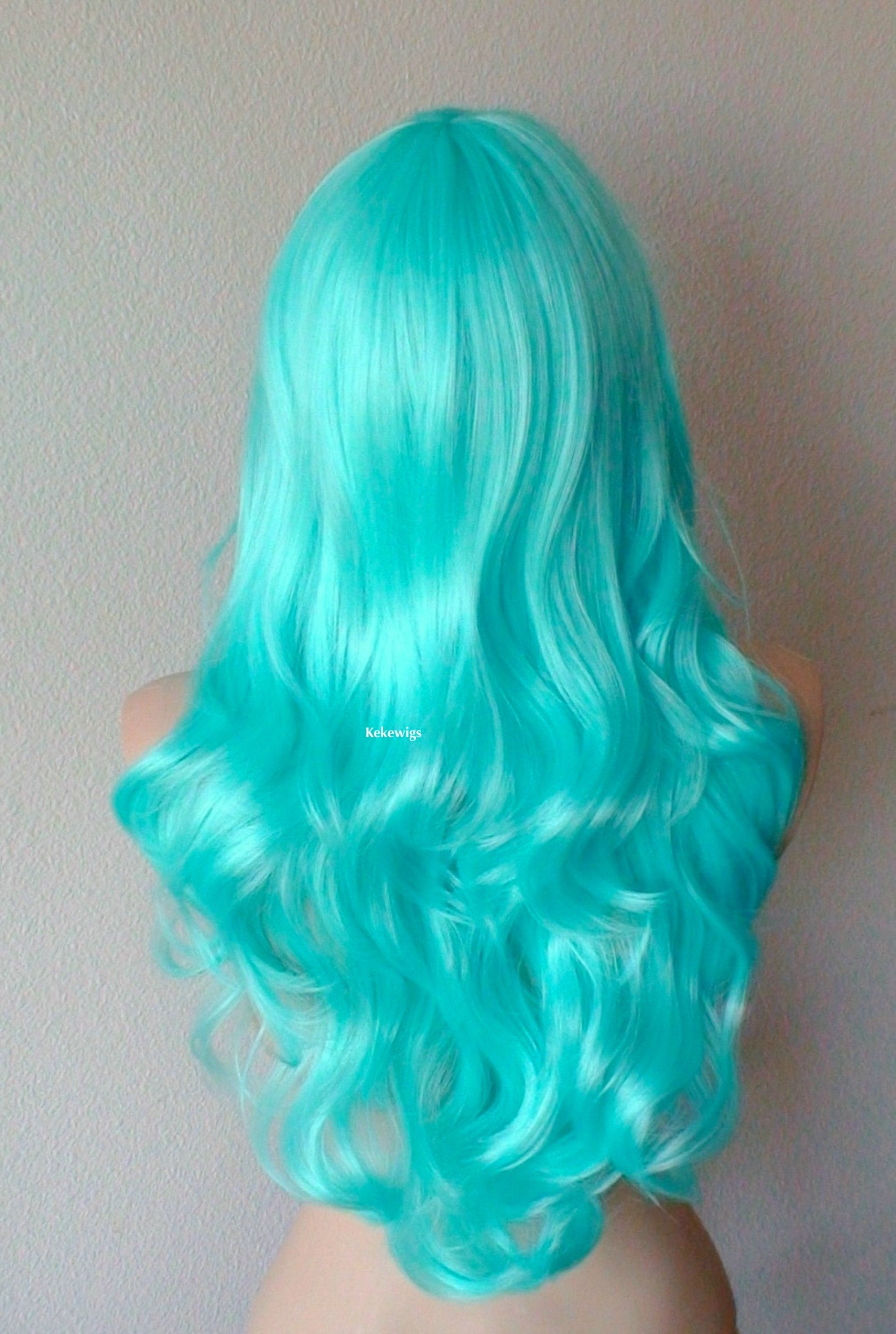 26" Pastel Aqua Blue Long Curly Hair Long Side Bangs Wig