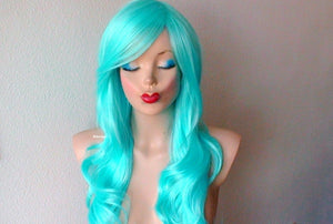 26" Pastel Aqua Blue Long Curly Hair Long Side Bangs Wig