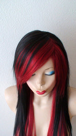 Load image into Gallery viewer, 28&quot; Black Red Ombre Long Straight Hair Long Side Bangs Wig. Emo Wig. Scene Wig.
