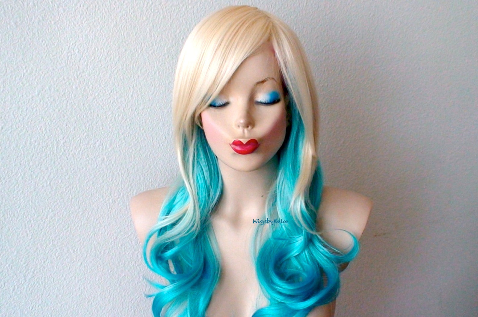 24" Blonde Teal Blue Ombre Long Curly Hair Side Bangs Wig