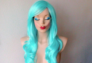 26" Pastel Aqua Blue Long Curly Hair Long Side Bangs Wig