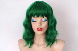 16" Green Short Wavy Hair with bangs Wig