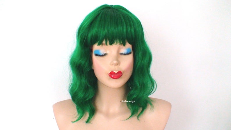 16" Green Short Wavy Hair with bangs Wig