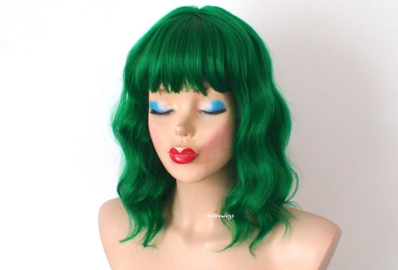 16" Green Short Wavy Hair with bangs Wig