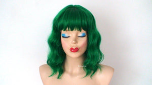 16" Green Short Wavy Hair with bangs Wig