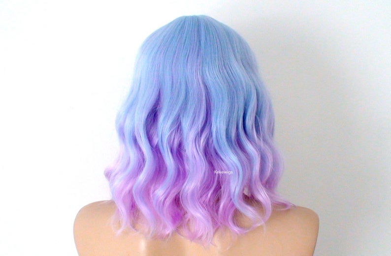 Copy of 16" Pastel Blue Lavender Ombre Short Wavy Hairstyle with Bangs Wig