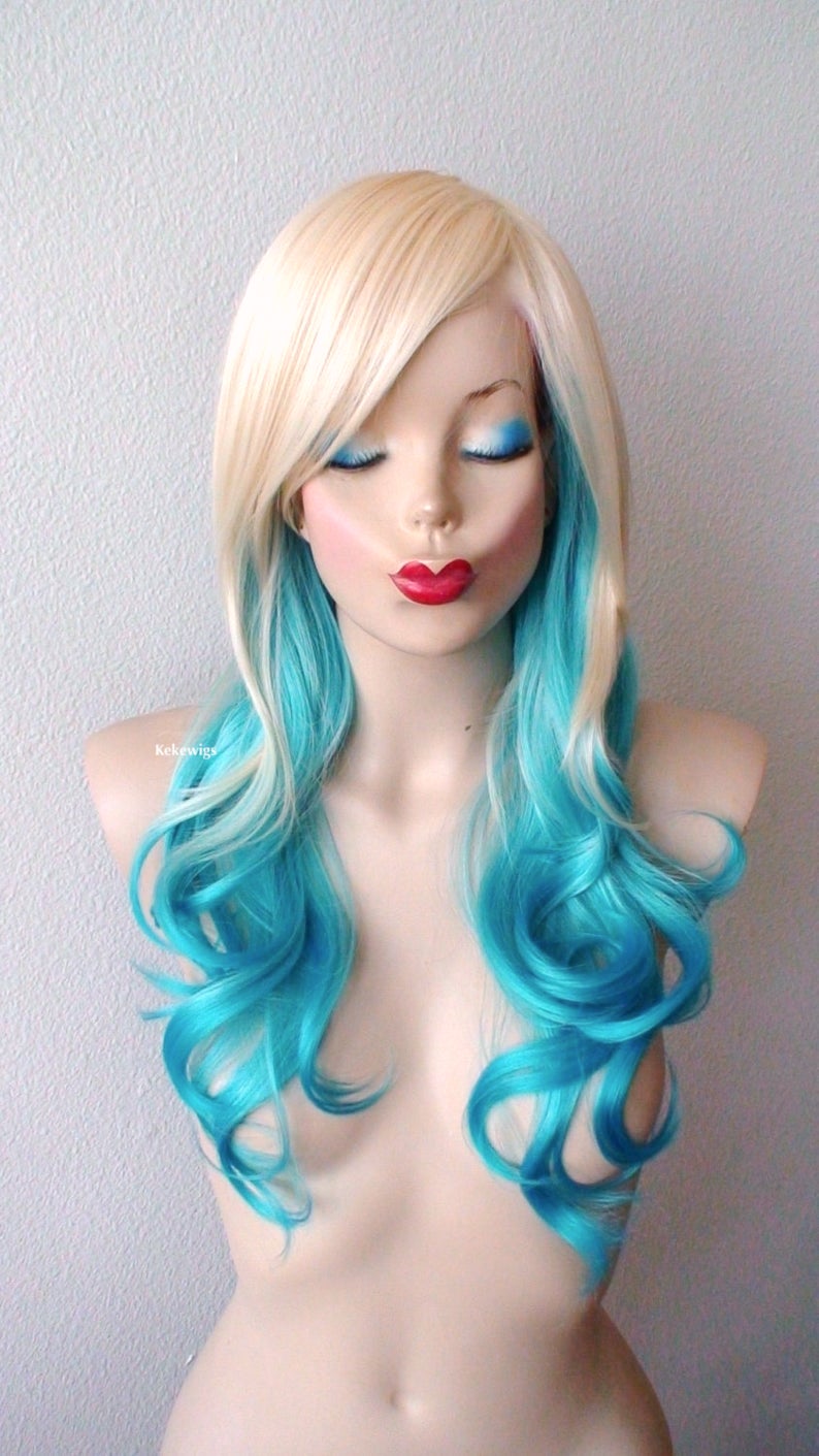 24" Blonde Teal Blue Ombre Long Curly Hair Side Bangs Wig