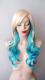 Load image into Gallery viewer, 24&quot; Blonde Teal Blue Ombre Long Curly Hair Side Bangs Wig
