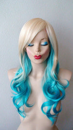 Load image into Gallery viewer, 24&quot; Blonde Teal Blue Ombre Long Curly Hair Side Bangs Wig
