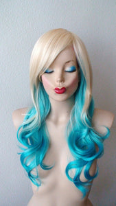 24" Blonde Teal Blue Ombre Long Curly Hair Side Bangs Wig