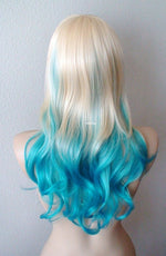 Load image into Gallery viewer, 24&quot; Blonde Teal Blue Ombre Long Curly Hair Side Bangs Wig
