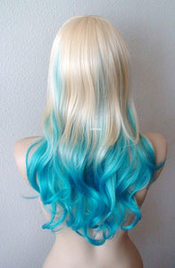 24" Blonde Teal Blue Ombre Long Curly Hair Side Bangs Wig