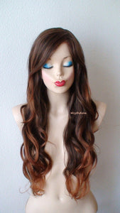 26" Lace front Brown Auburn Ombre Long Wavy Hair Long Side Bangs Wig