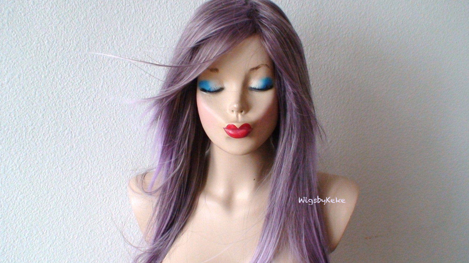 28" Pastel Lavender Ombre Long Straight Layered Hair Long Side Bangs Wig