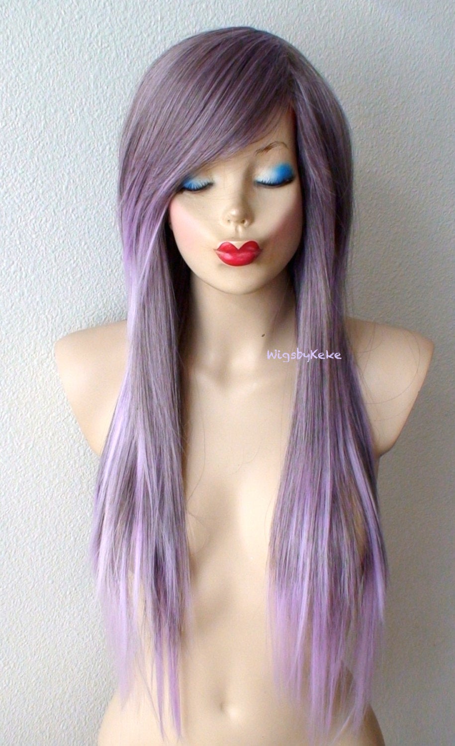 28" Pastel Lavender Ombre Long Straight Layered Hair Long Side Bangs Wig