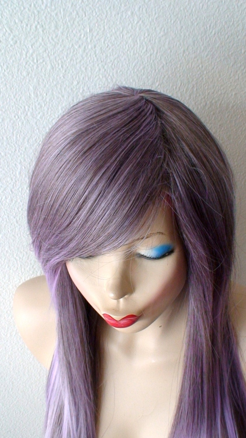 28" Pastel Lavender Ombre Long Straight Layered Hair Long Side Bangs Wig