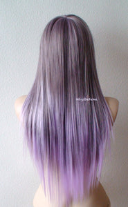 28" Pastel Lavender Ombre Long Straight Layered Hair Long Side Bangs Wig