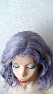 16" Pastel Dark Lavender Gray Short Wavy Hairstyle Wig.