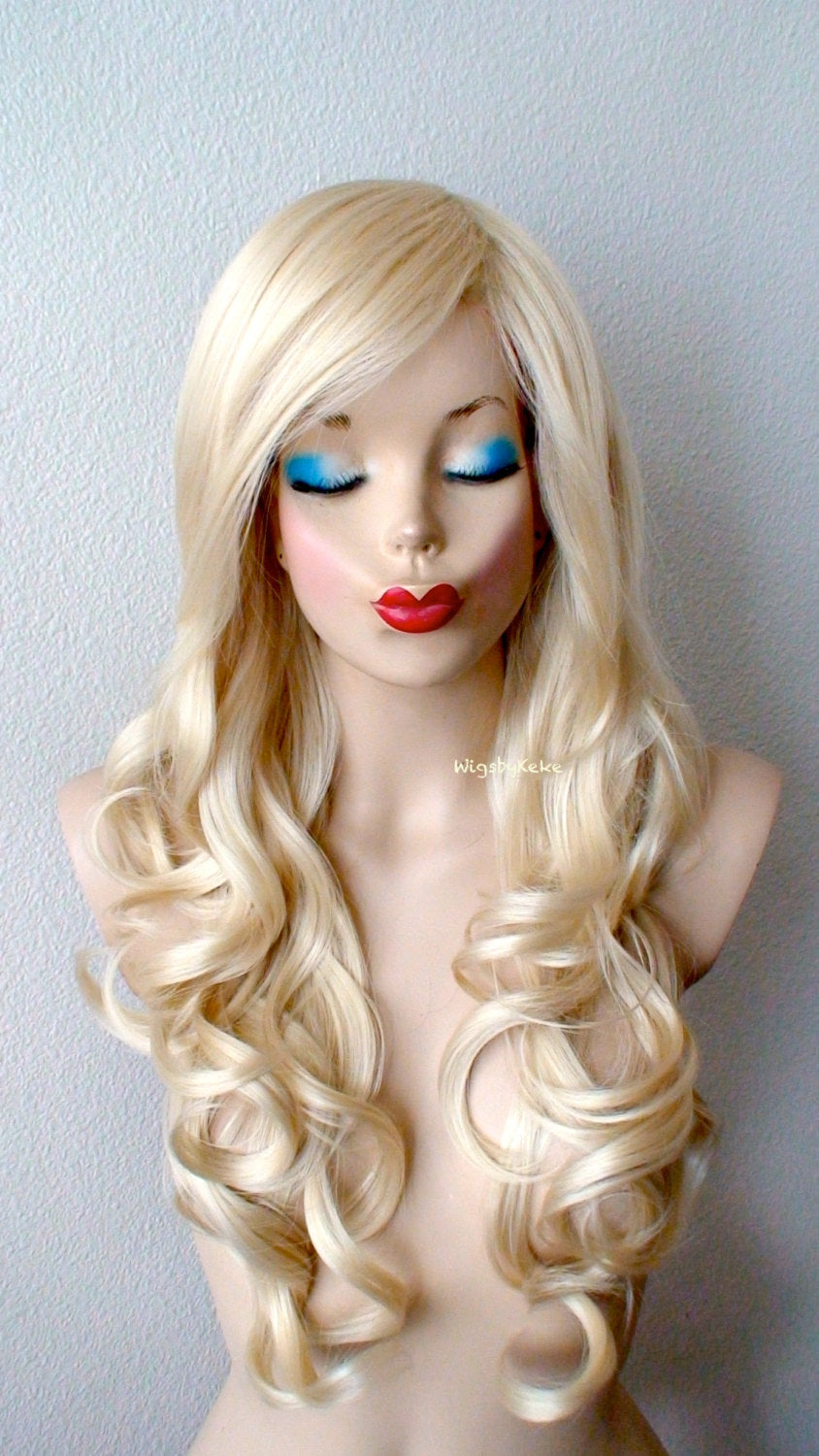 26" Blonde Long Curly Hair Side Bangs Wig