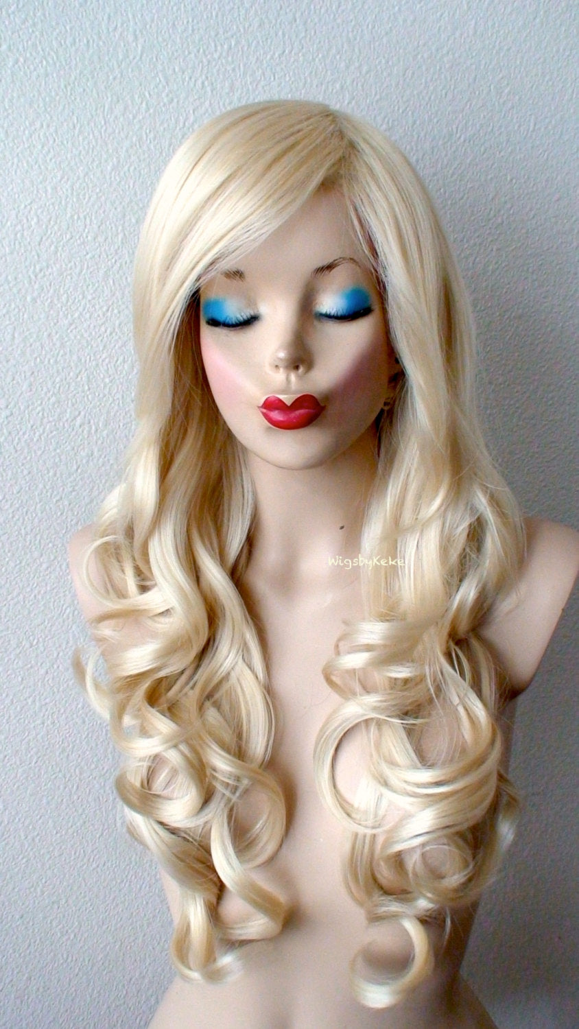 26" Blonde Long Curly Hair Side Bangs Wig