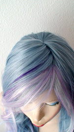 Load image into Gallery viewer, 26&quot; Pastel Blue Lavender Pink Purple Ombre Long Curly Hair Side Bangs Wig. Custom Wig.
