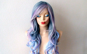 26" Pastel Blue Lavender Pink Purple Ombre Long Curly Hair Side Bangs Wig. Custom Wig.