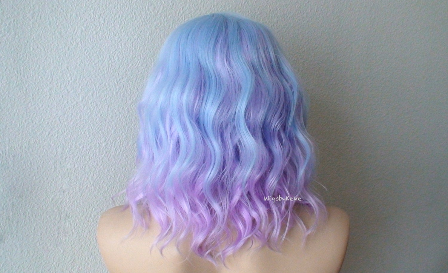 16" Pastel Blue Lavender Ombre Short Wavy Hairstyle Wig